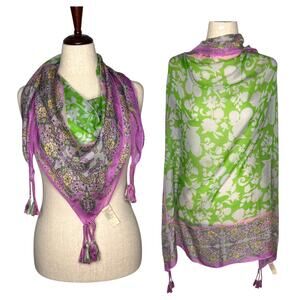 Johnny Was Silk Scarf Tassels Green Purple Floral Print Square 42x42 Bohemian